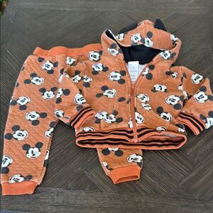 Mickey Mouse sweatsuit, sweatpants, jacket, mickey ears, brown, black, size 24m